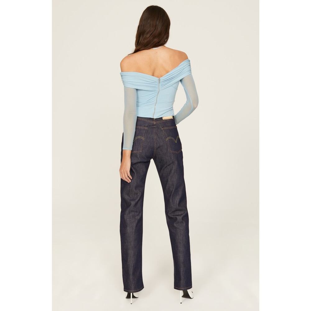 Self-Portrait Pale Blue Jersey Mesh Crossover Off the Shoulder Long Sleeve Top 0 - Picture 3 of 10